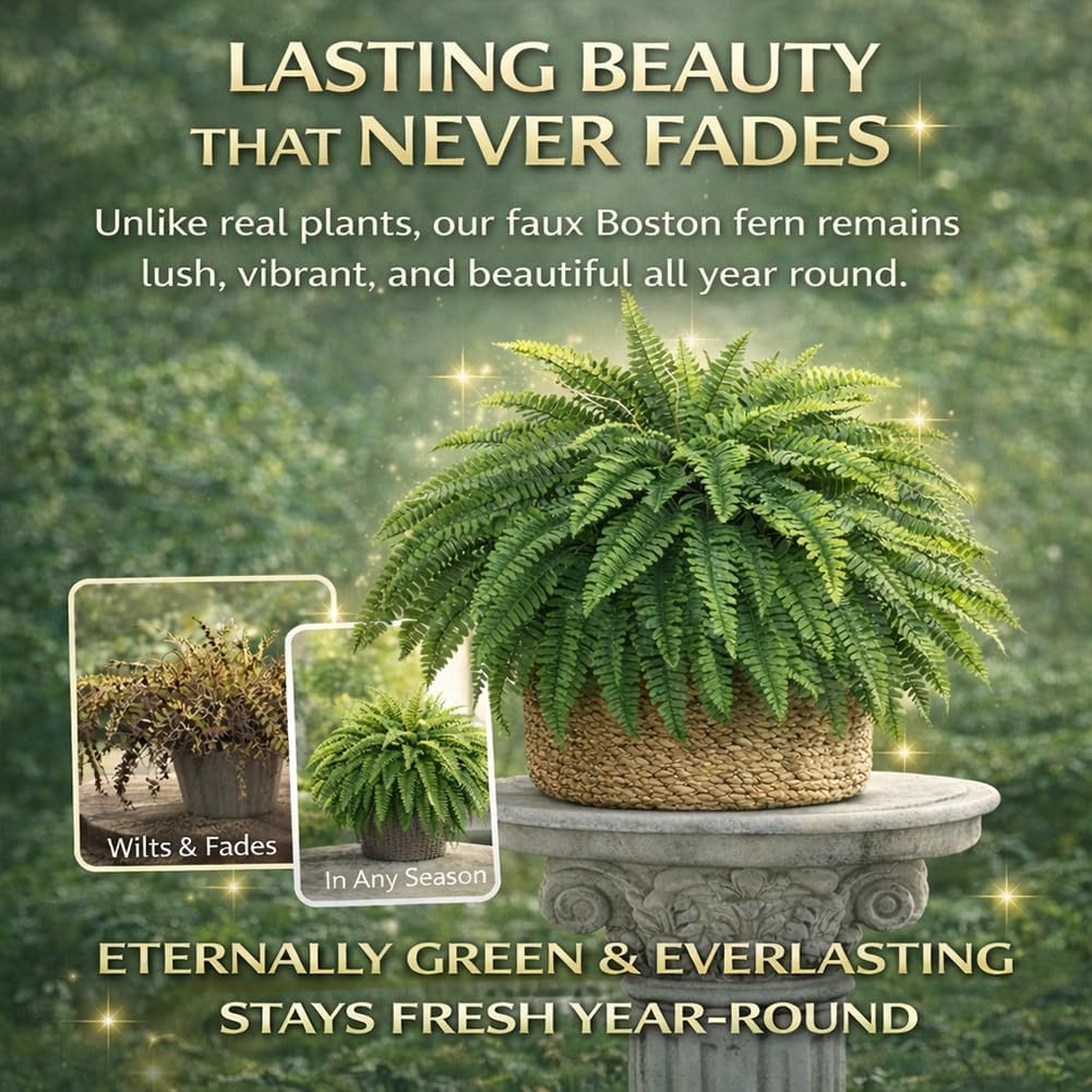 UV Resistant Artificial Boston Ferns, Lifelike Faux Greenery with 38/60/88 Silk Leaves, No Fade Fake Stems for Outdoor Front Porch, Urn Fillers, Indoor Decor (2, 38 Leaves)