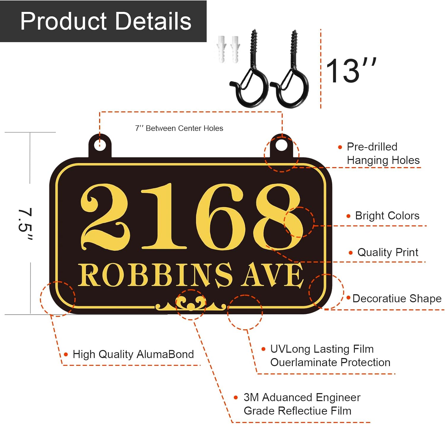 Hanging Address Plaque - Personalized House Number Sign,Address Numbers for Outside House,Mailbox,Lamp Post with Hooks,Reflective Double Sided 10.1" x 6.8"