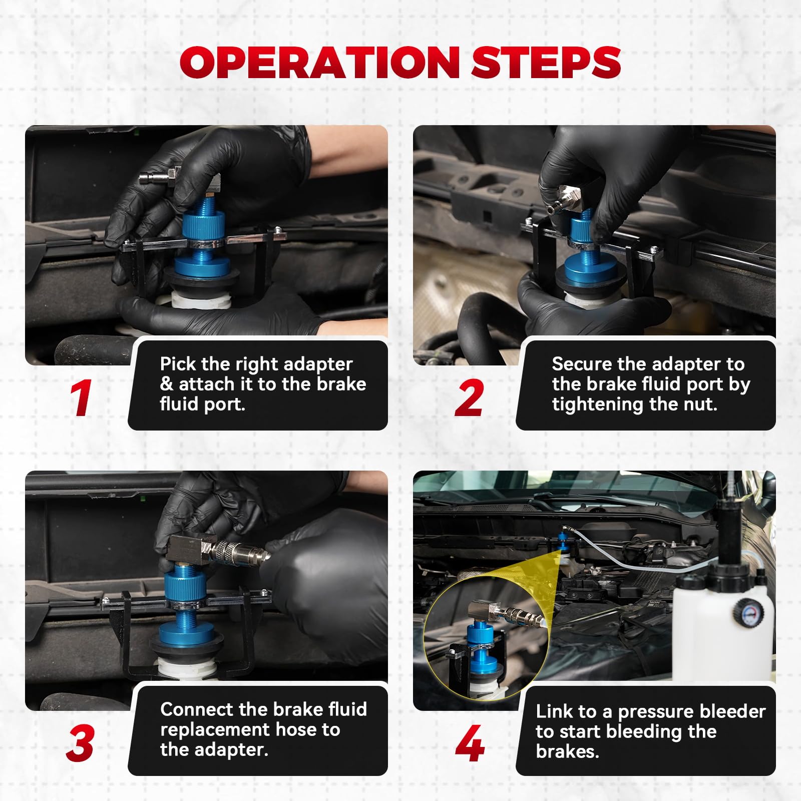 Adaptador universal para purga de frenos de 22 – 58 mm, adaptador con 4 acoplamientos rápidos (EU/US/métrico/japonés), anillo de sellado de goma para Buick, Cadillac, Chevrolet, Mazda, Honda, Toyota