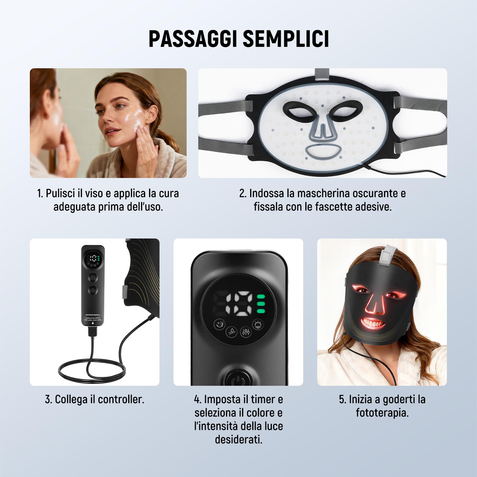 NEEWER BASICS Maschera LED Viso Terapia Luce con 7 Modalità, Timer con Pannello Luce Rossa e Blu, Beauty Mask LED Ricaricabile in Silicone per Cura della Pelle Faccia a Casa e in Viaggio, M08