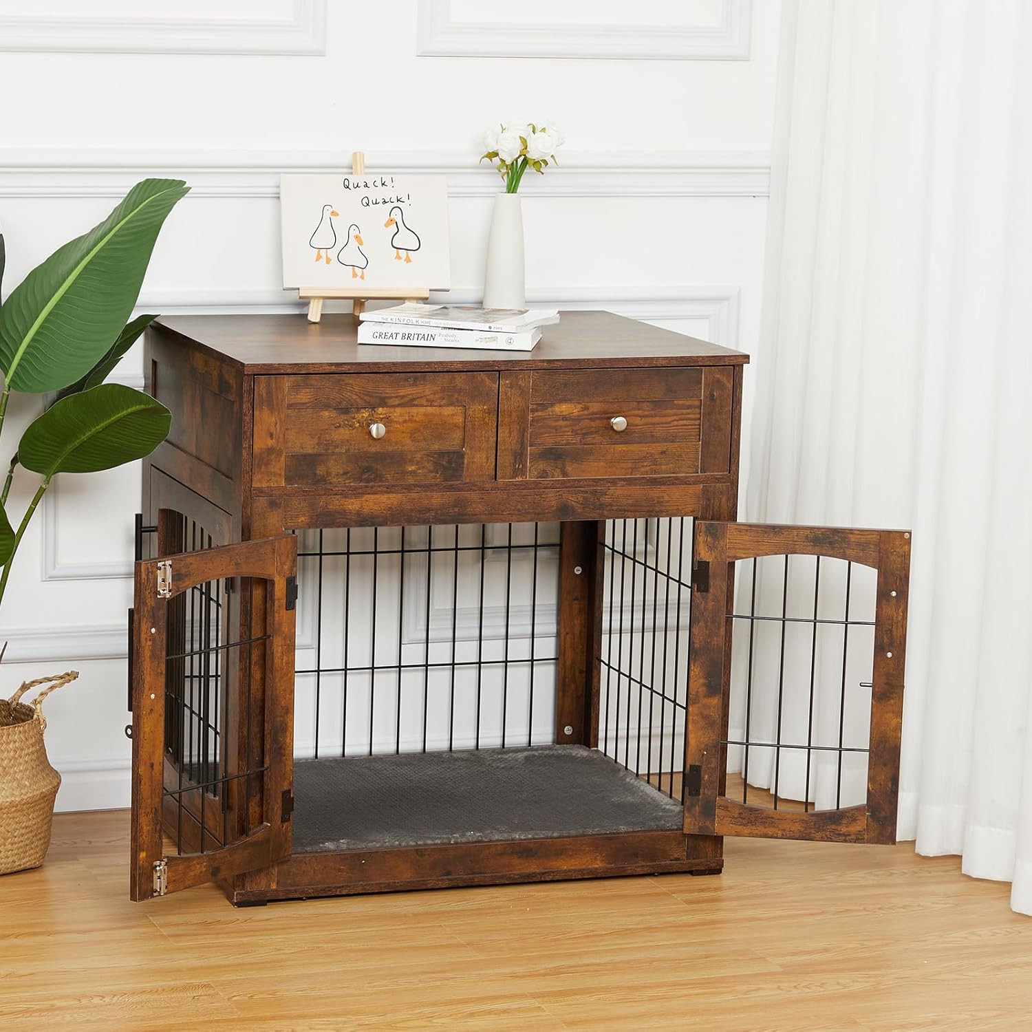 Dog Crate Furniture with Cushion,Wooden Dog Kennels Indoor with 2 Drawers,Dog Furniture Crate End Table with Storage