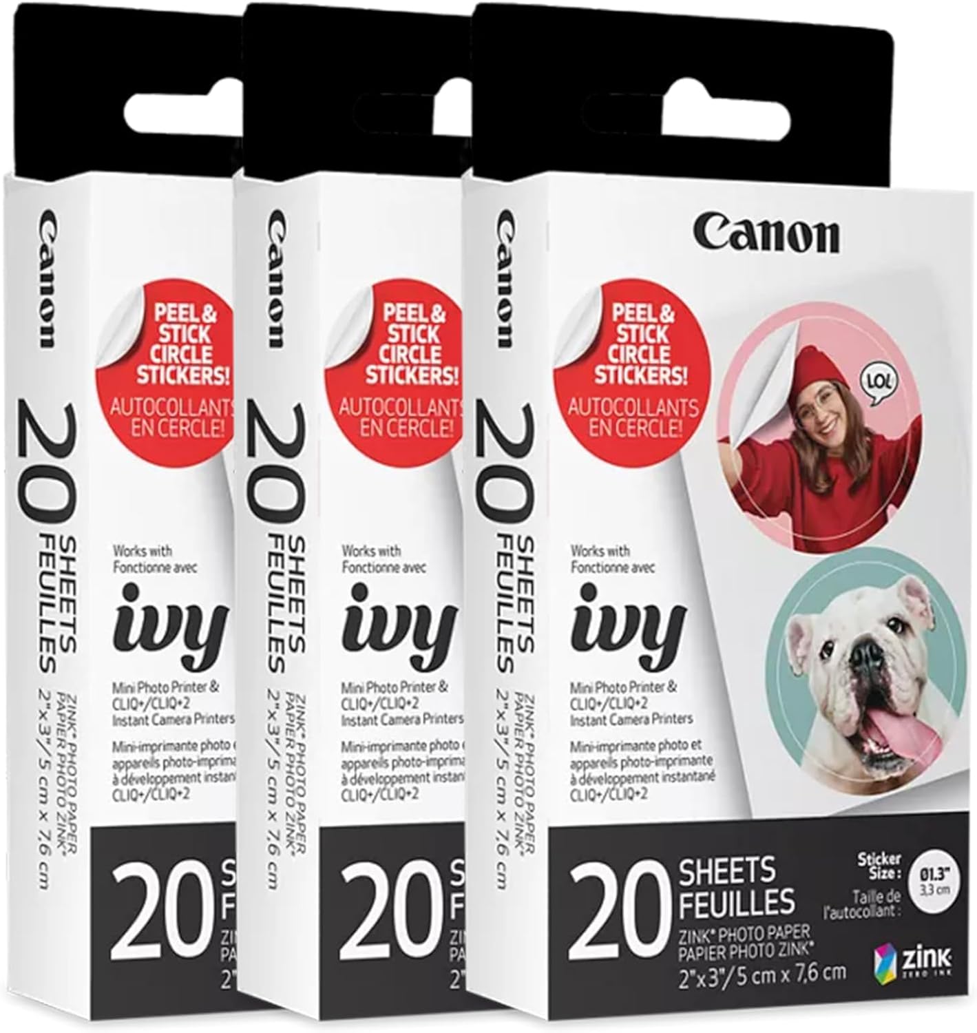 Canon Ivy Zink Pre-Cut Circle Sticker Paper 20 Sheets Pack (Pack of 3) Compatible with Canon Ivy Mini Photo Printer and CLIQ+/CLIQ+2