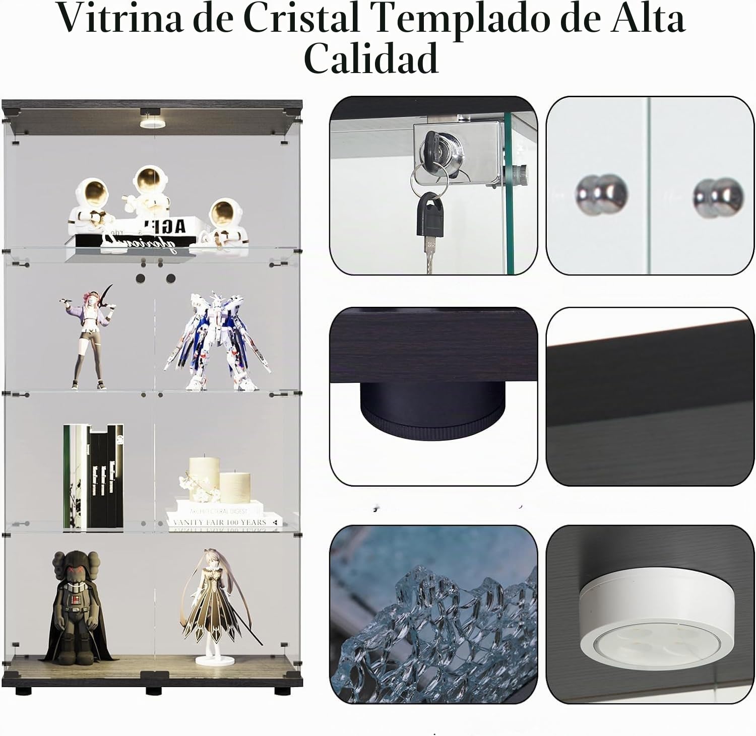 Vitrina Cristal Expositora con Luz, Puerta Cerradura, 4 estantes - Grande Vitrina de Colecciones,Vitrina de pie para Sala Oficina(Espalda Espejo)