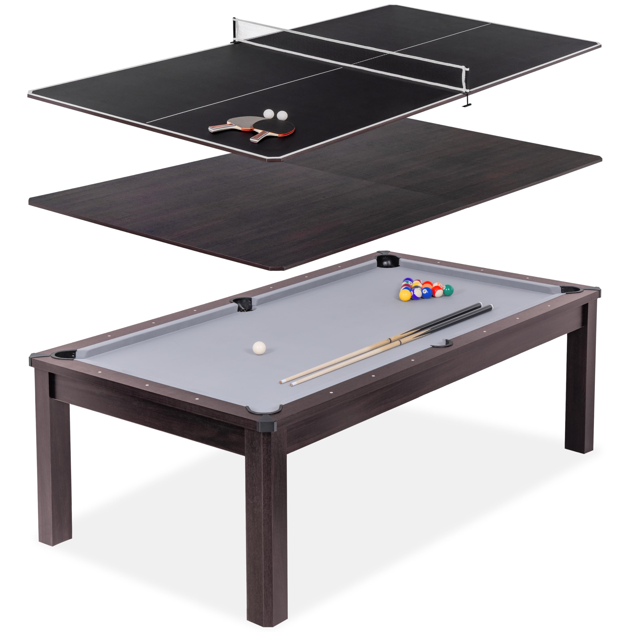 GoSports 3 in 1 Pool, Dining, & Table Tennis Combo Table and Storage Benches - 7 ft or 8 ft - Convertible Billiards and Table Tennis with Accessories