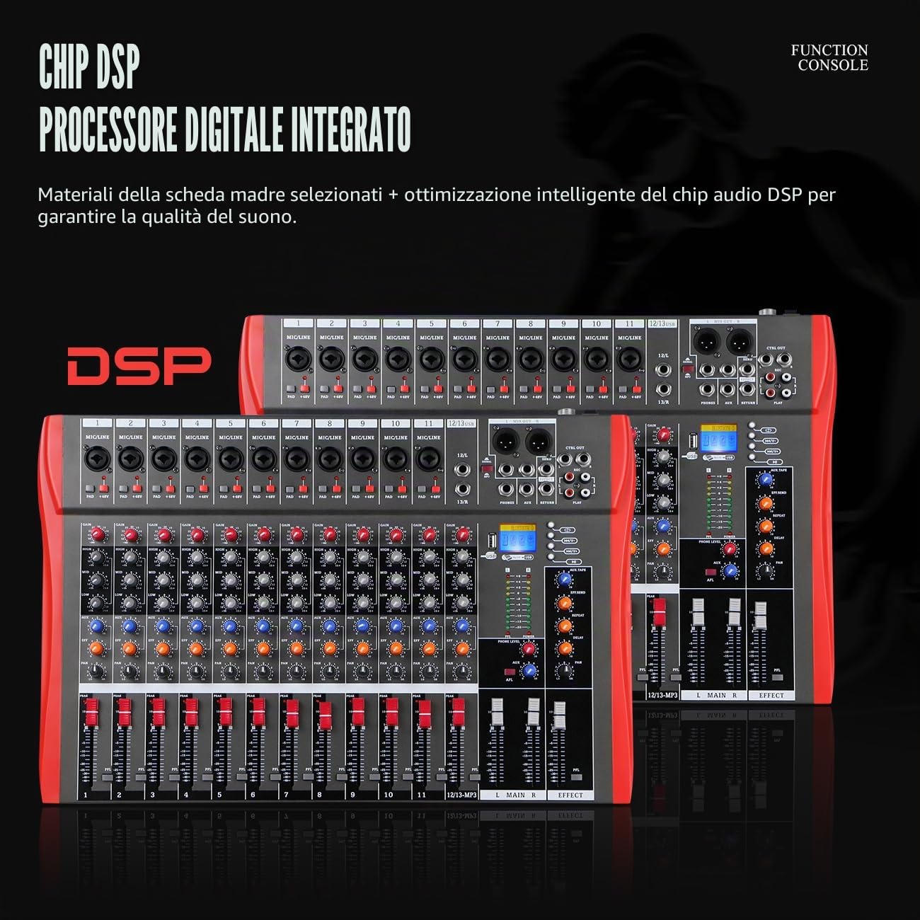 Studio Live Mixer 12 canali, console DJ professionale, suono stereo, Bluetooth, per registrazione computer, riproduzione, amplificatore mixer audio digitale USB con alimentazione phantom