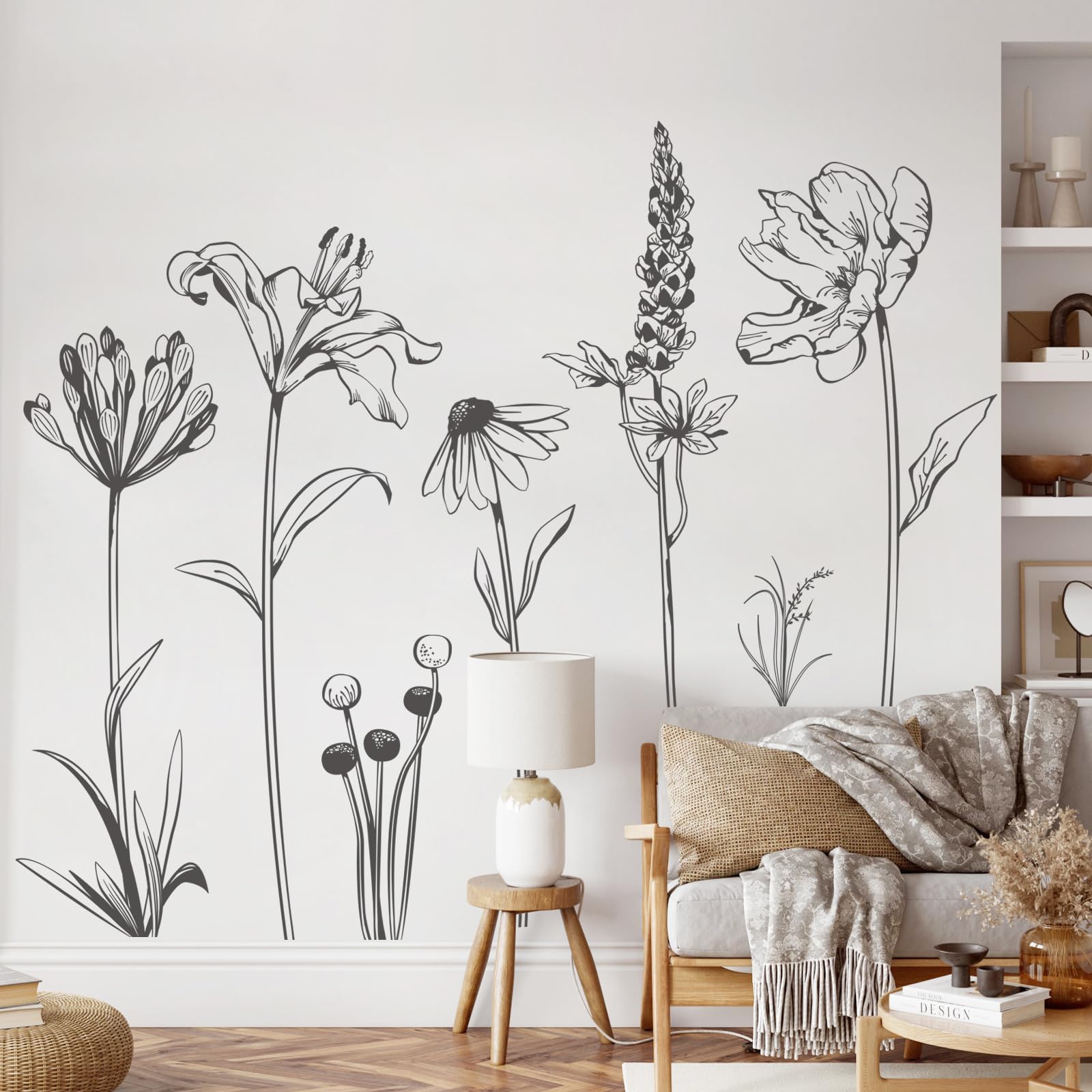 Supzone 84" x 55" Garden Flowers Wall Stickers Black Daisy Wildflower Wall Decals Modern Floral Wall Art Decor Bedroom Living Room Home Office Adult Wall Decor โ image 1