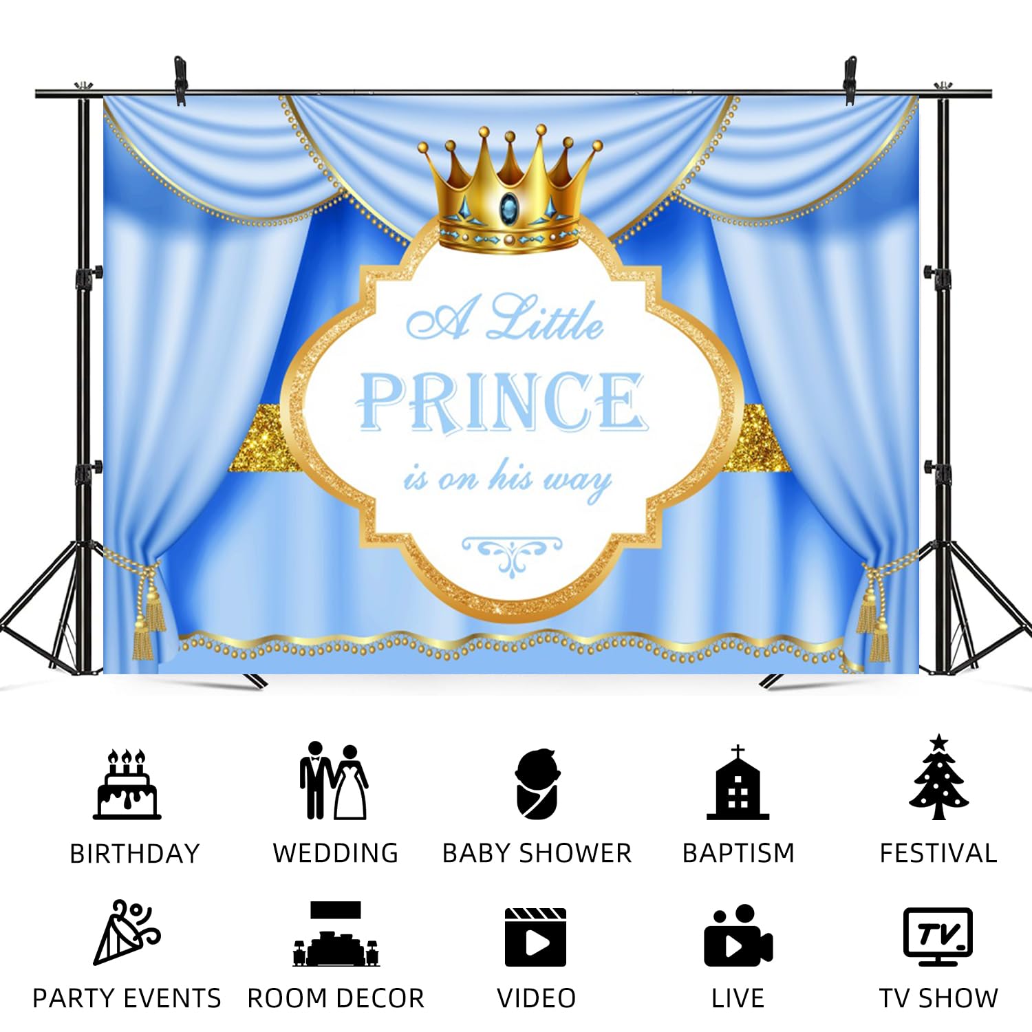 Toile de fond bleue pour fête prénatale « A Little Prince is On His Way » - 3 x 2,4 m - Couronne dorée - Bannière de fête prénatale - Décoration pour nouveau-né garçon