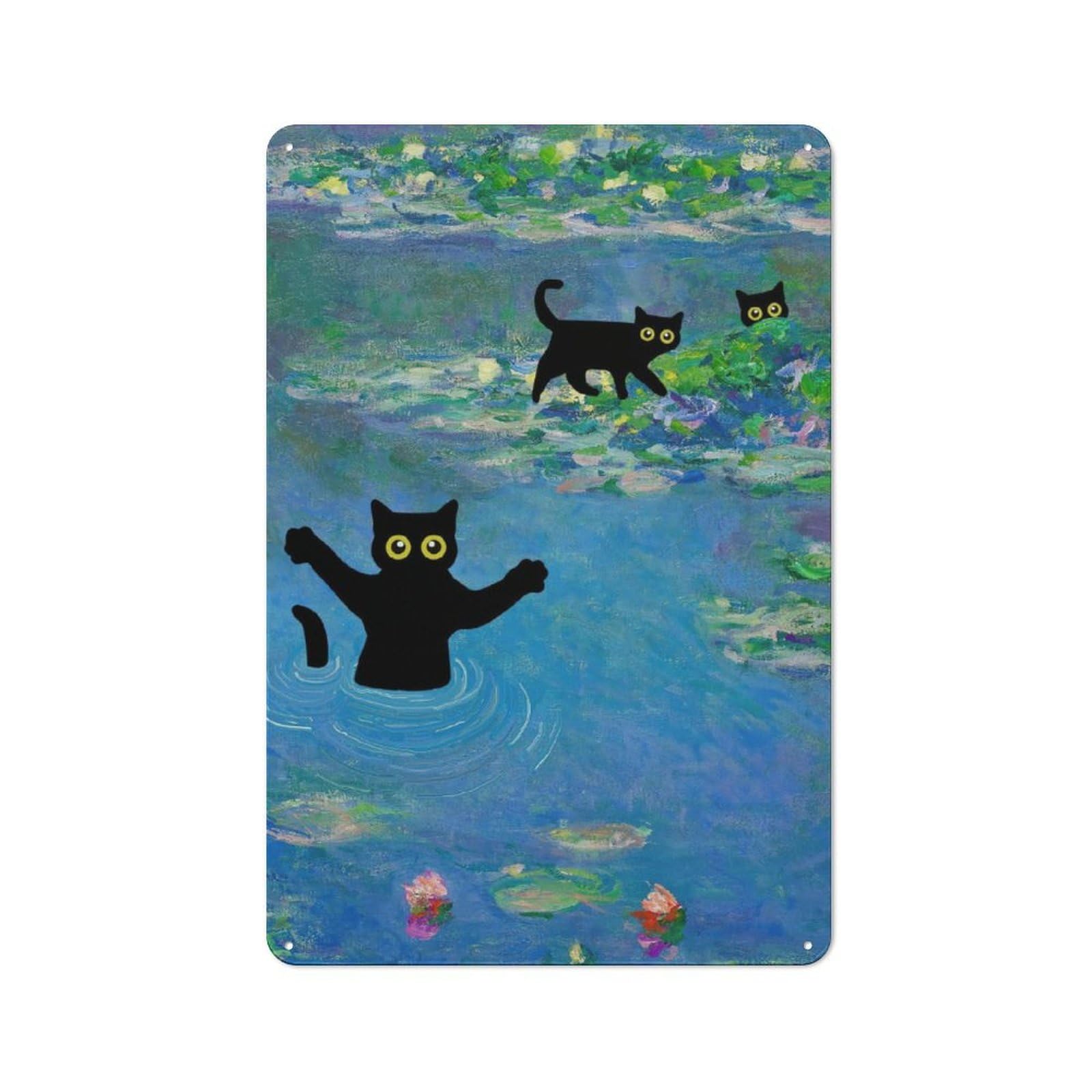 Junmoney Monet Cat Waterlilies Retro Printed Metal Sign 30X20cm For Garage Or Workshop, For Garage, Workshop And Man Cave Decoration