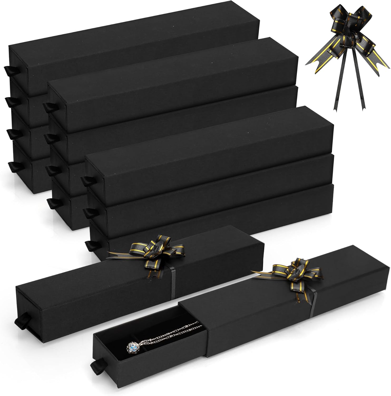 12-Pack Drawer Style Jewelry Gift Boxes with Sponge Insert, 8.7"x1.8"x1.2" Necklace & Bracelet Display Box for Presentation, Cardboard Storage Organizer for Pendant, Ring, Earring - Black