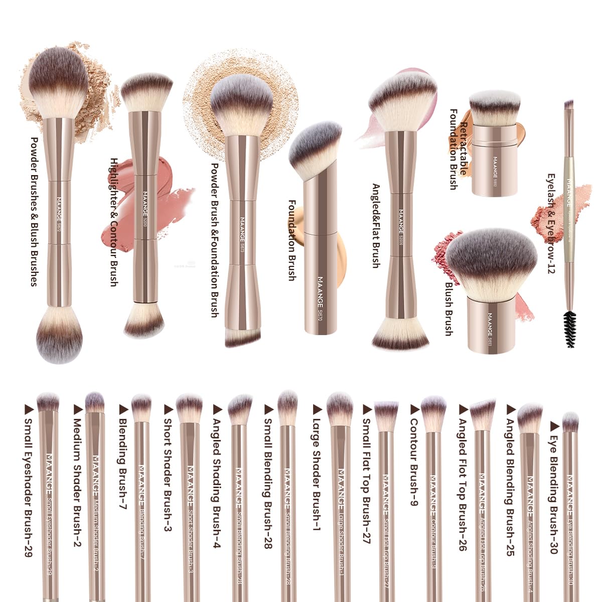 MAANGE Set di 20 pennelli da trucco con borsa, pennelli kabuki a doppia punta, pennelli per fondotinta, correttore, ombretti, crema, cosmetici, blush, strumenti per il trucco del viso, con custodia
