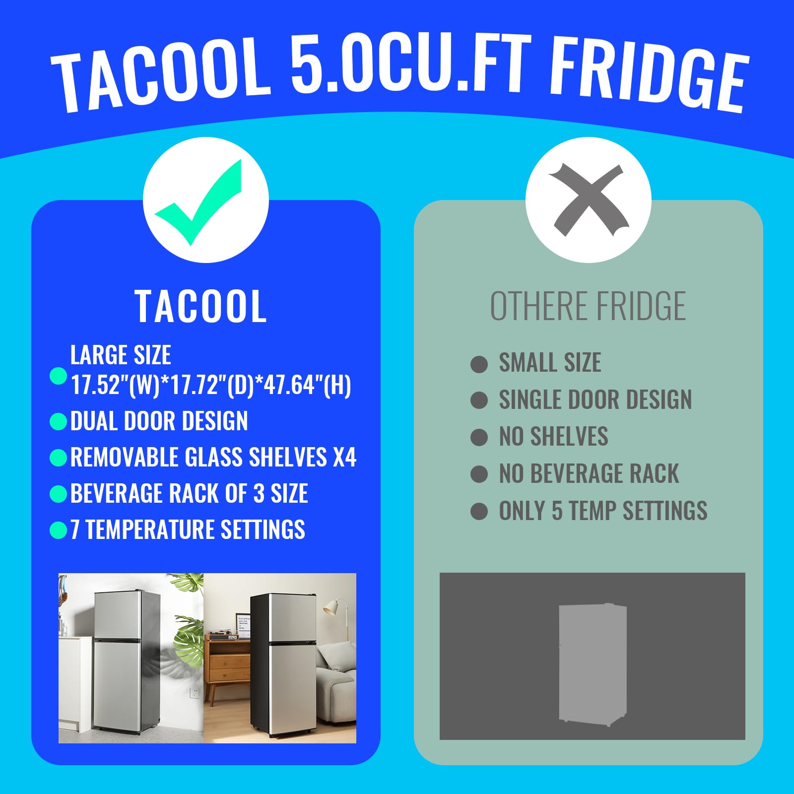 Tacool 5.0 Cu.Ft Mini Fridge Small Refrigerator With Drink Holder Double Door Refrigerator Adjustable Glass Shelves For Home,Apartment,Office Silver on Fridge.com - View 6