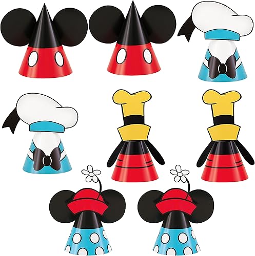 Unique Sombreros de fiesta de Mickey Mouse de Disney, 4.25 pulgadas (8 unidades), diseños divertidos surtidos para celebraciones de cumpleaños de