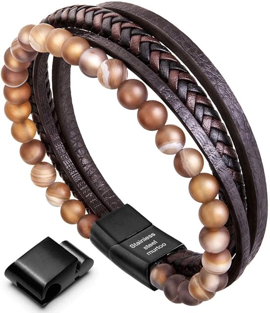 murtoo Bracelet for Man Cowhide Genuine Leather Women Unisex Cuff Wrap Bracelet Brown Black Multi-Layer Magnetic Clasp Rope Wristband