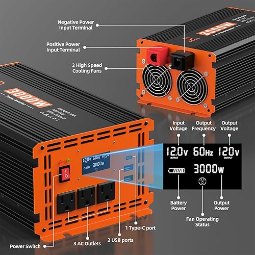 Miniatura 3 de Inversor de corriente de 3000 W de 12 V CC a 110 V120 V CA convertidor para RVcamiónbarcocampamentoinversor de energía solar fuera de la red para