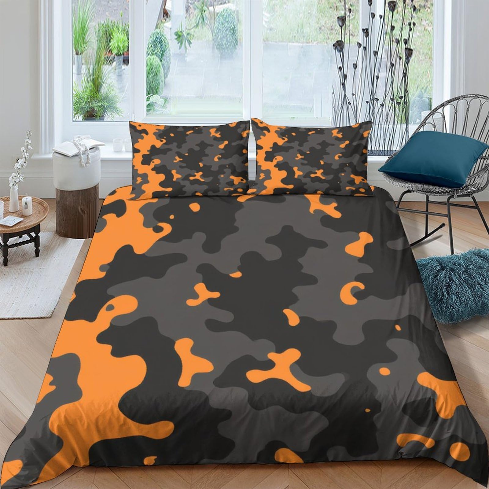 Ctjqhvkz Style-10 3D Printed Orange Black Camouflage Fitted Sheet Microfiber Soft Breathable Camo Mattress Cover For Bedroom Guest Room Dorm Decor Single（135X200cm）