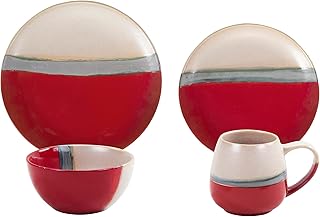 H HIEND ACCENTS Paseo Road Pasadizo 16 Piece Ceramic Western Dinnerware Set with Plates, Bowls, Mugs, Red and Cream Brushstroke Waves Solid Pattern Rustic Cabin Style