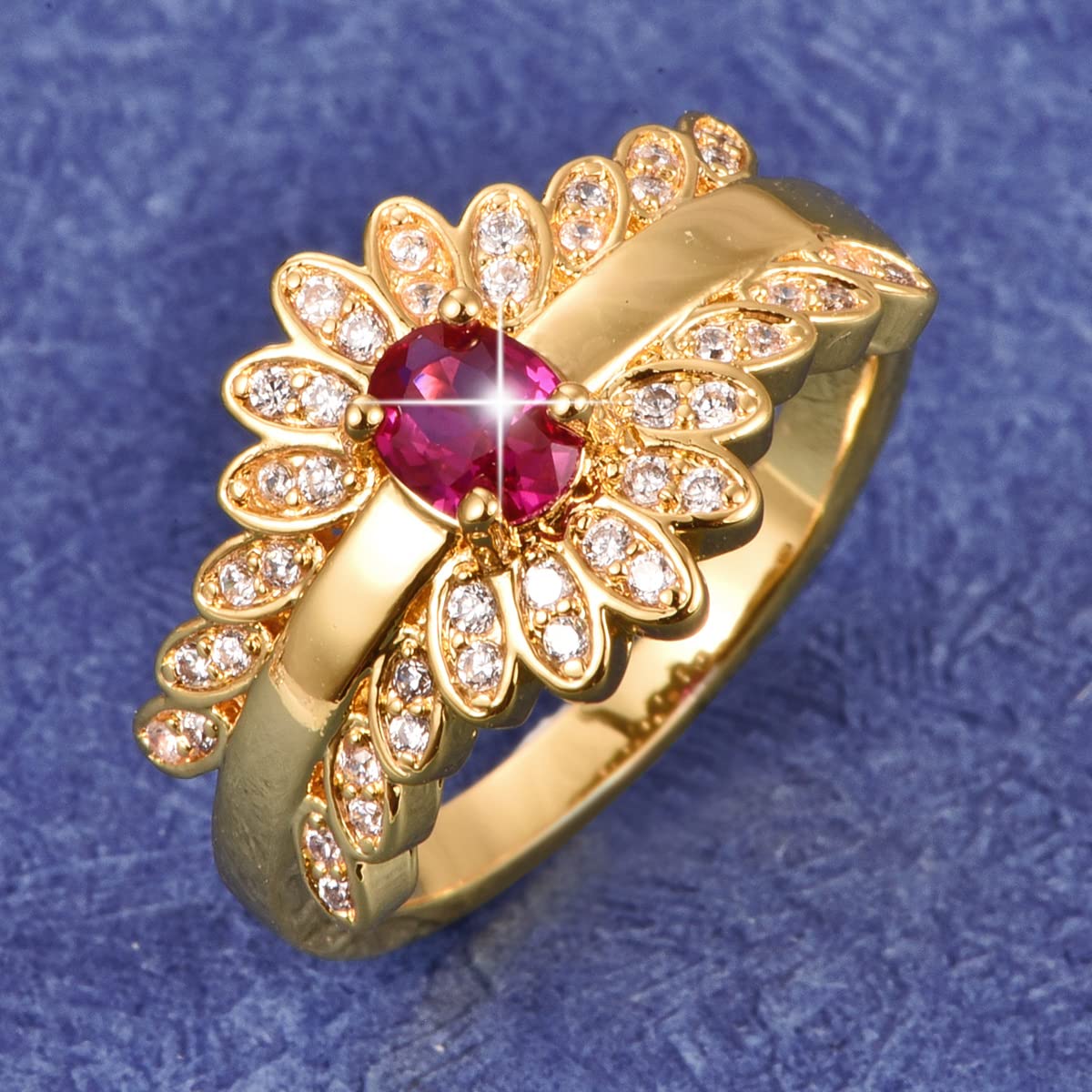 Emsione Gold Plated Cubic Zirconia Oval Cut Flower CZ Pave Anniversary Wedding Engagement Ring Band for Women Men Size 6