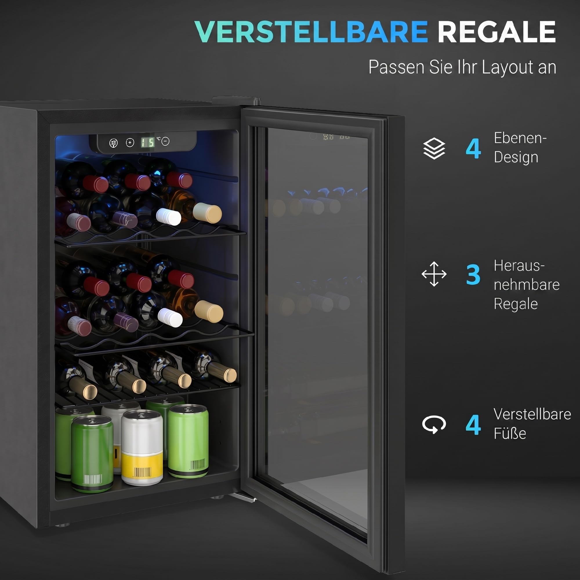 HOMCOM Weinkühlschrank 24 Flaschen 68 Liter 4-16°C UV Schutz Doppelglas-Tür LED-Beleuchtung Digitaler Touchscreen Schwarz