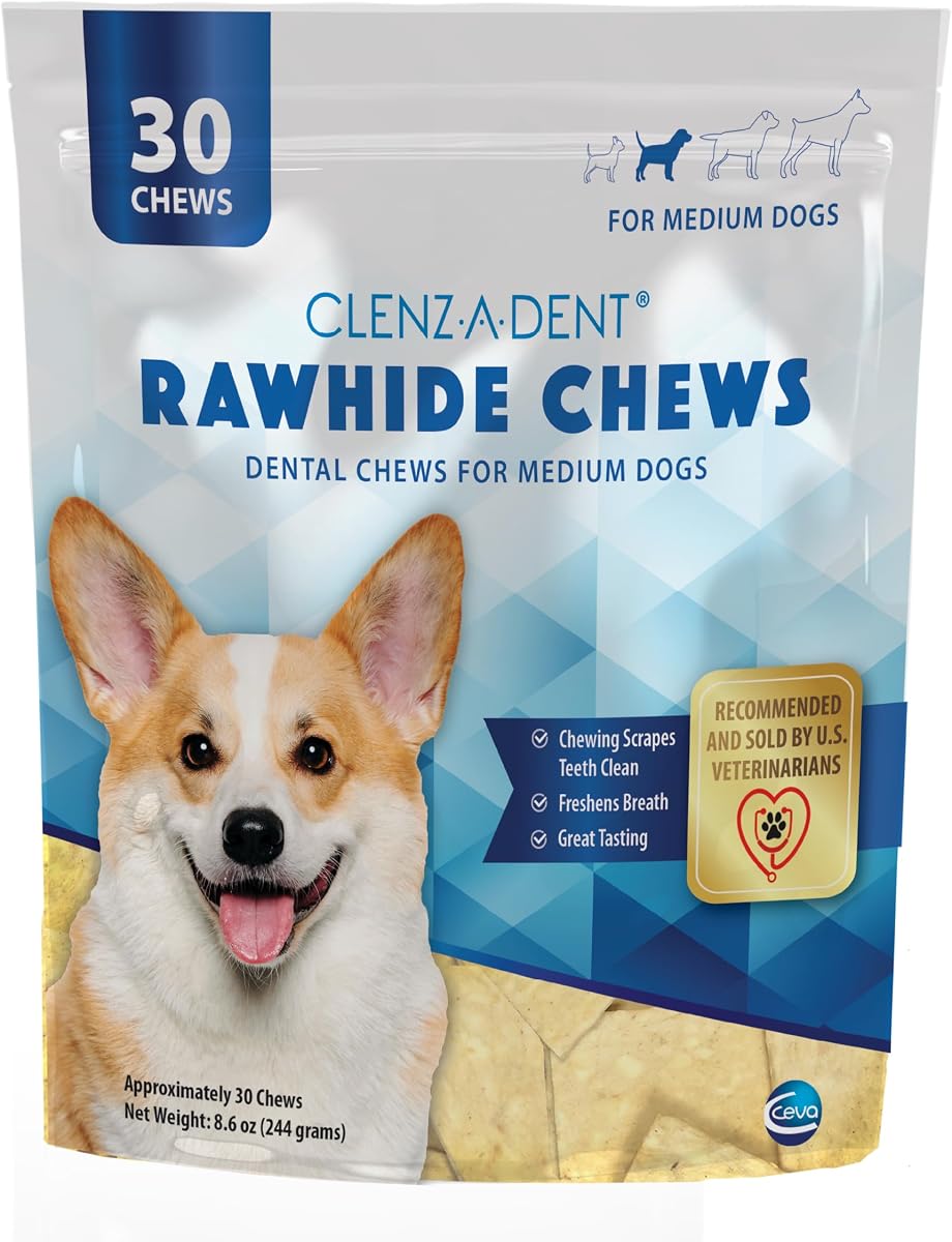 Ceva Clenz-A-Dent Rawhide Dental Chews for Dogs, Medium Dogs, Enzyme-Coated Dental Treats with RF2, Reduces Plaque & Tartar, Freshens Breath, Poultry Flavor, 30 Count