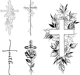 Christian Cross Temporary Tattoos – 5 Styles of Floral & Script Cross Fa...