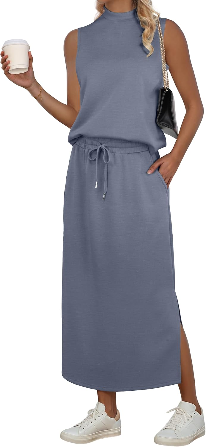 GRECERELLE Two Piece Skirt Sets for Women Sleeveless Mock Neck Top Split Maxi Skirt Vacation Travel Matching Set with Pockets