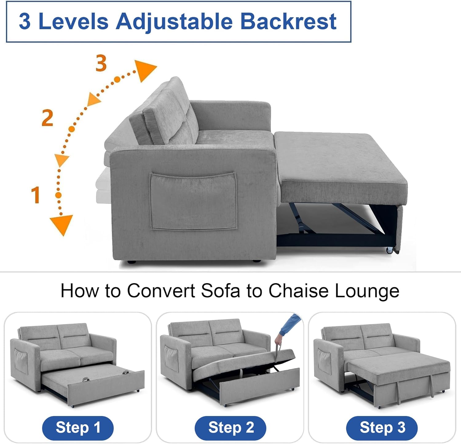 Loveseat Sleeper Sofa Bed, Pull Out Couch Comfortable Chenille Fabric, Adjustable Backrest, Resilient Sponge Cushions, Sturdy Wood Frame, Side Storage Pockets, Grey