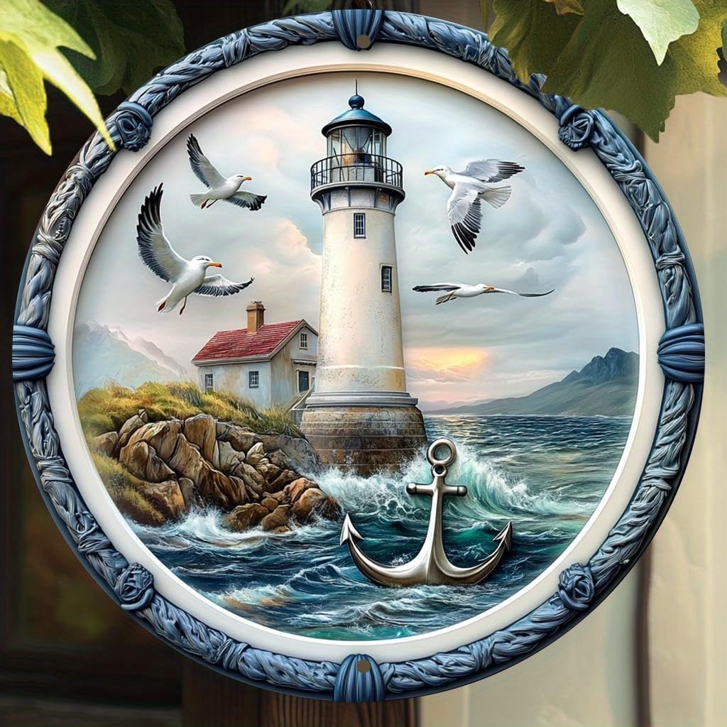 1pc Vintage Lighthouse Aluminum Wall Art Sign - Seagulls and Ocean Theme Metal Decor - Weatherproof, No Battery Needed - Ideal for Home, Fits Christmas, Valentine'S Day8x8 inches