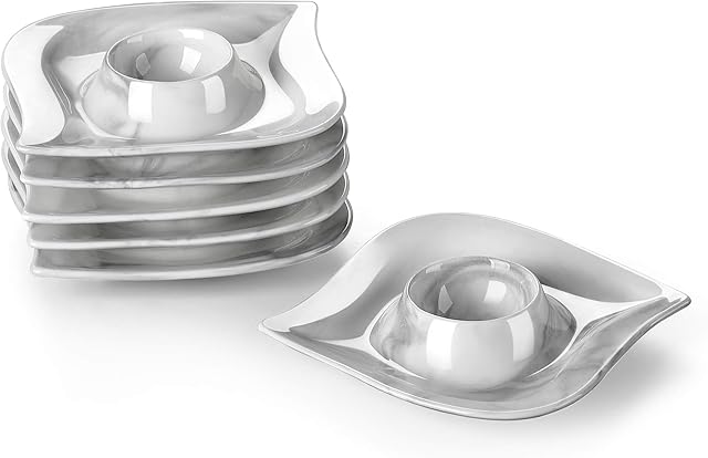 MALACASA, Series Elvira, 6-Piece Marble Grey 4" Egg Cups Holder Ivory White Porcelain China Egg Stand Plates(11 * 11 * 2.5cm)
