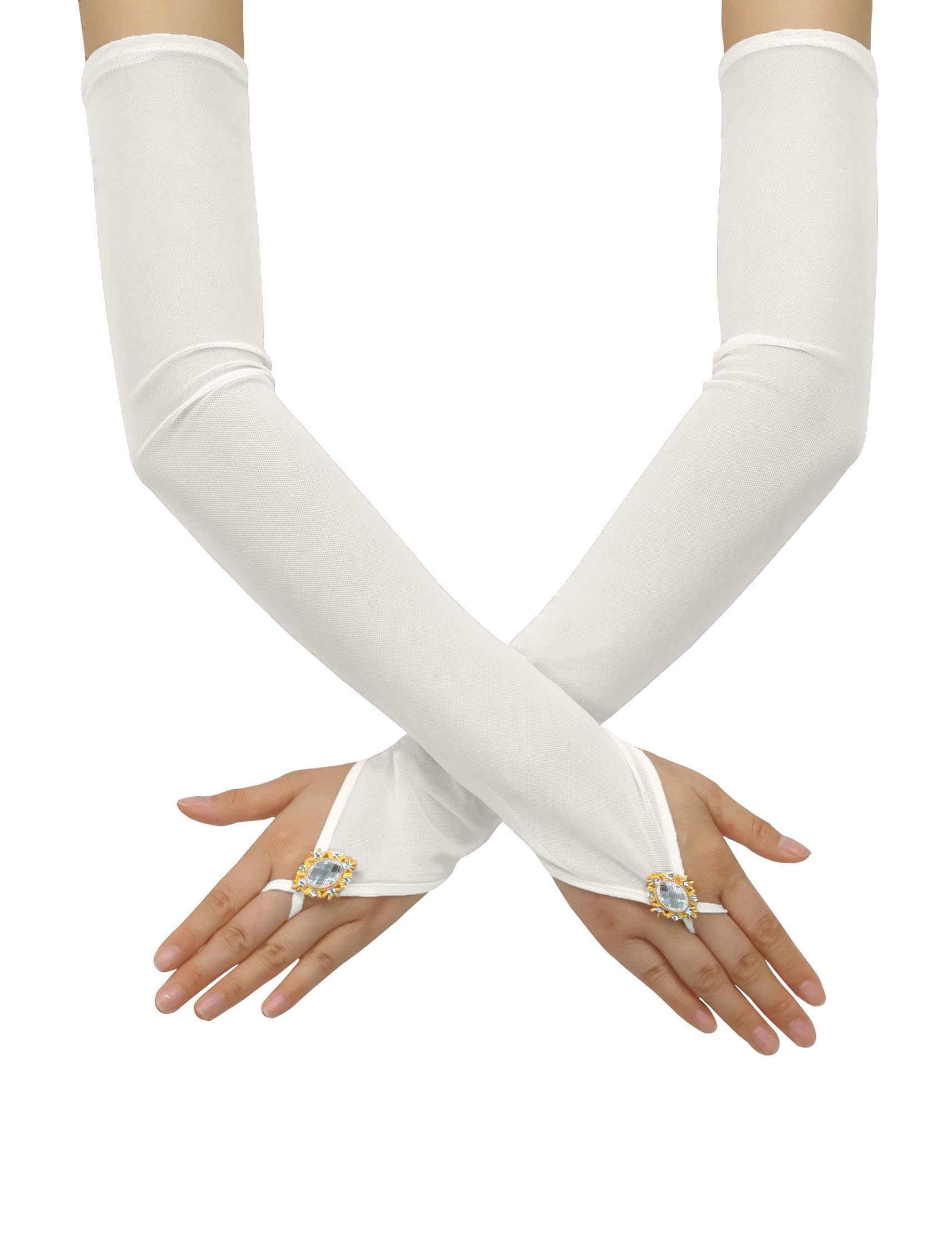 Goiruiya Opera Long Fingerless Gloves for Bride Wedding Party Costume Stretchy Glove Mesh and Drill Gloves, ivory, One size