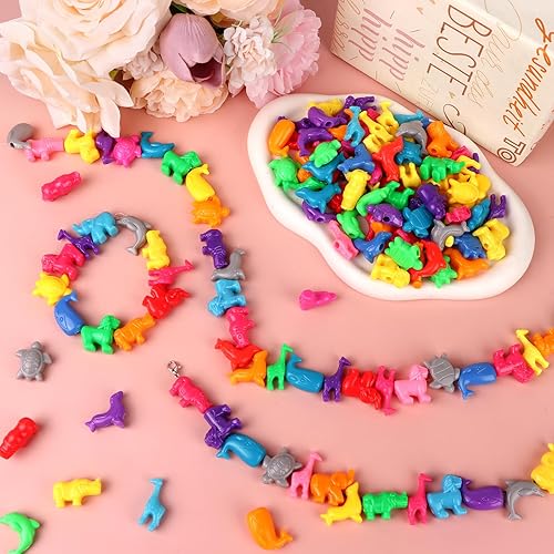 Miniatura 5 de 200 cuentas con forma de animal mixto, coloridas cuentas espaciadoras de animales marinos y de la selva, cuentas de plástico del zoológico, cuentas