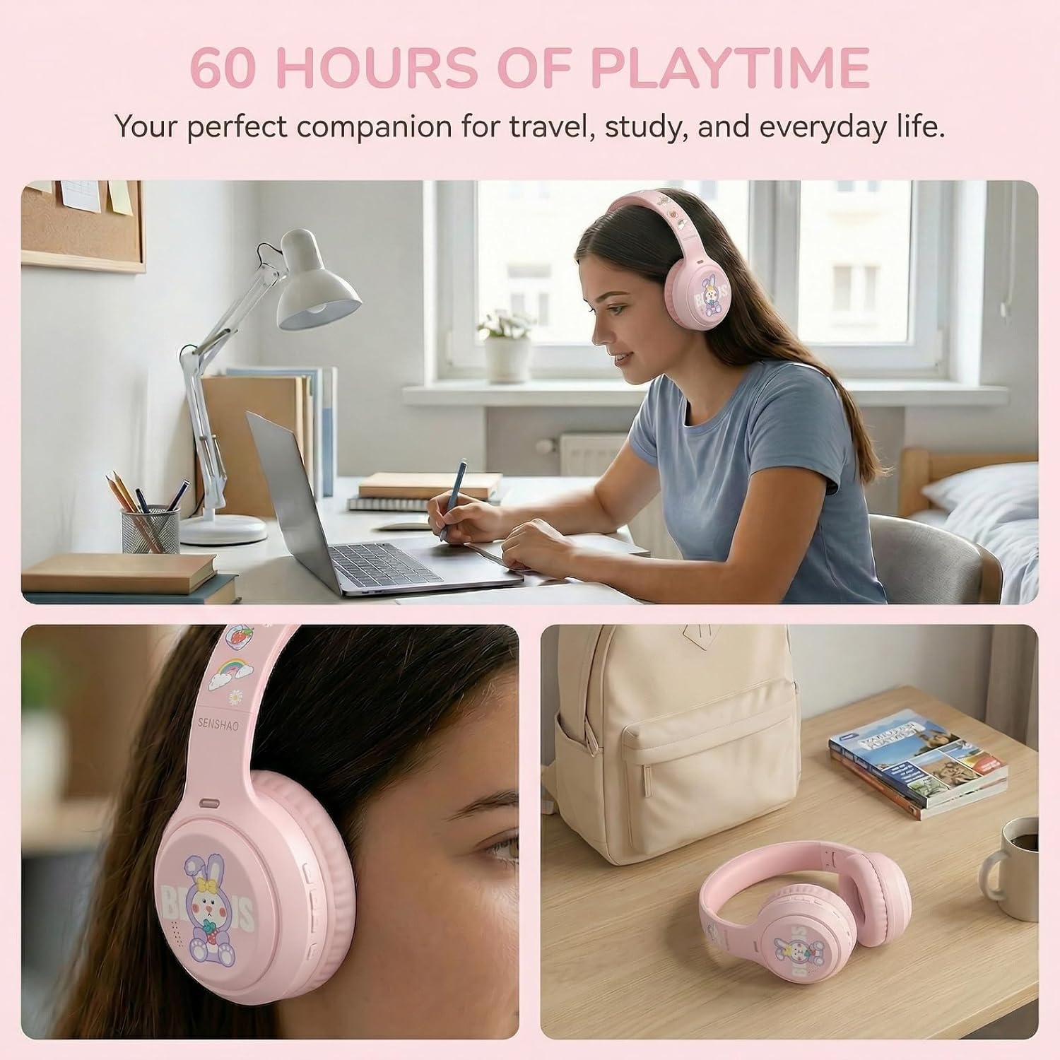 Hybrid Active Noise Cancelling Headphones, Wireless Over Ear Bluetooth Headphones, 60 Hours Playtime, Foldable Headset with Deep Bass, Foam Earmuffs, for Travel, Home Office (Pink)