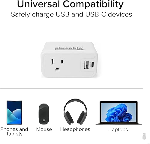 Miniatura 5 de Plugable Bloque de cargador USB-C de 32 W - Extensor de salida portátil con USB-C y USB-A - Cargador de pared rápido para iPhone 15/16, viajes,