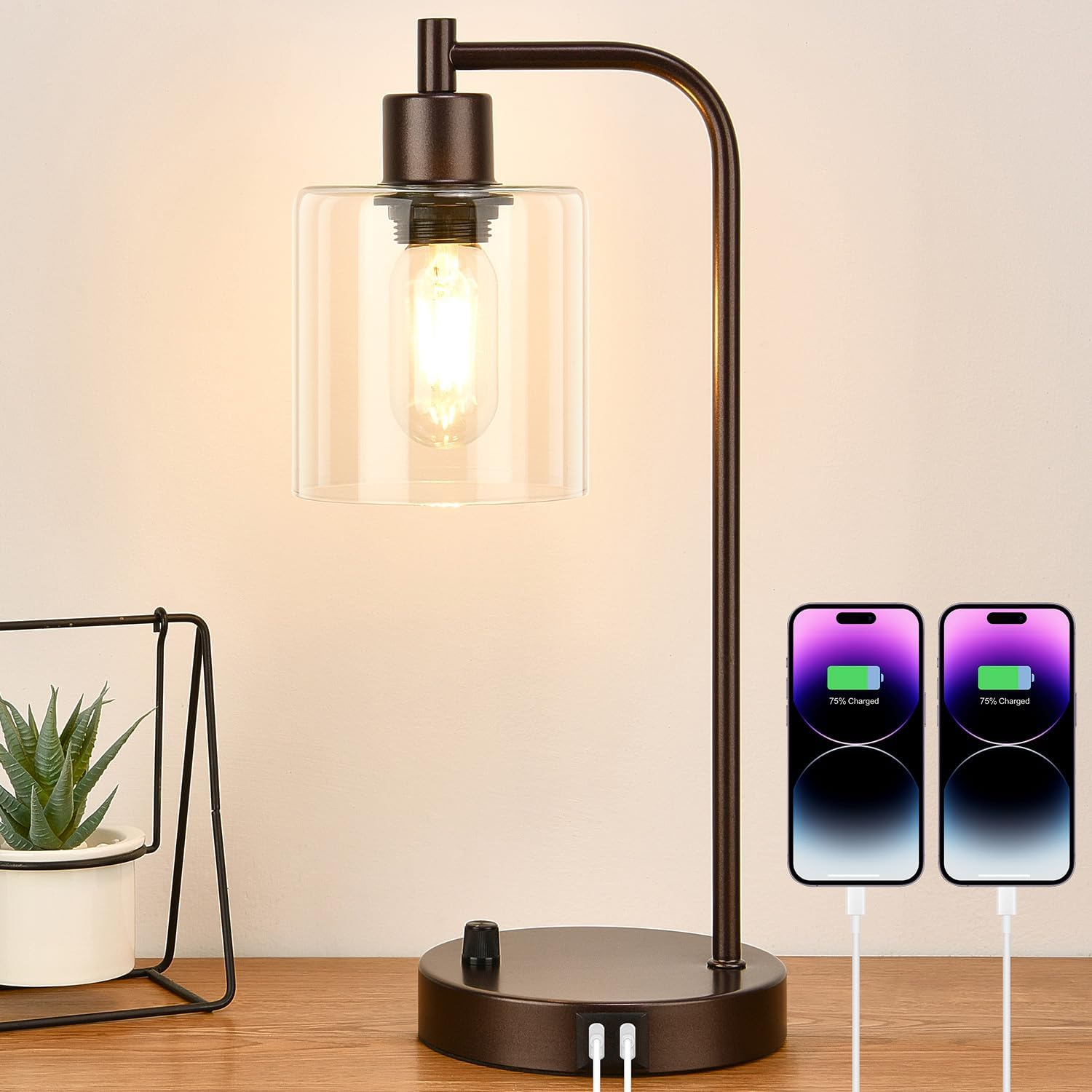 Brown Industrial Table Lamp with 2 USB Charging Ports, Fully Stepless Dimmable Modern Nightstand Lamp, Glass Shade Bedside Desk Lamp for Bedroom Living Room Office, 6W 2700K LED Edison Bulb Included
