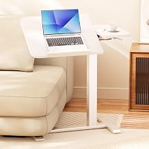 COMHOMA Tiltable Mobile Small Standing Desk, Pneumatic Adjustable Height Overbed Bedside Table with Wheels, Sit Stand Portable Rolling Laptop Desk Computer Workstations, White