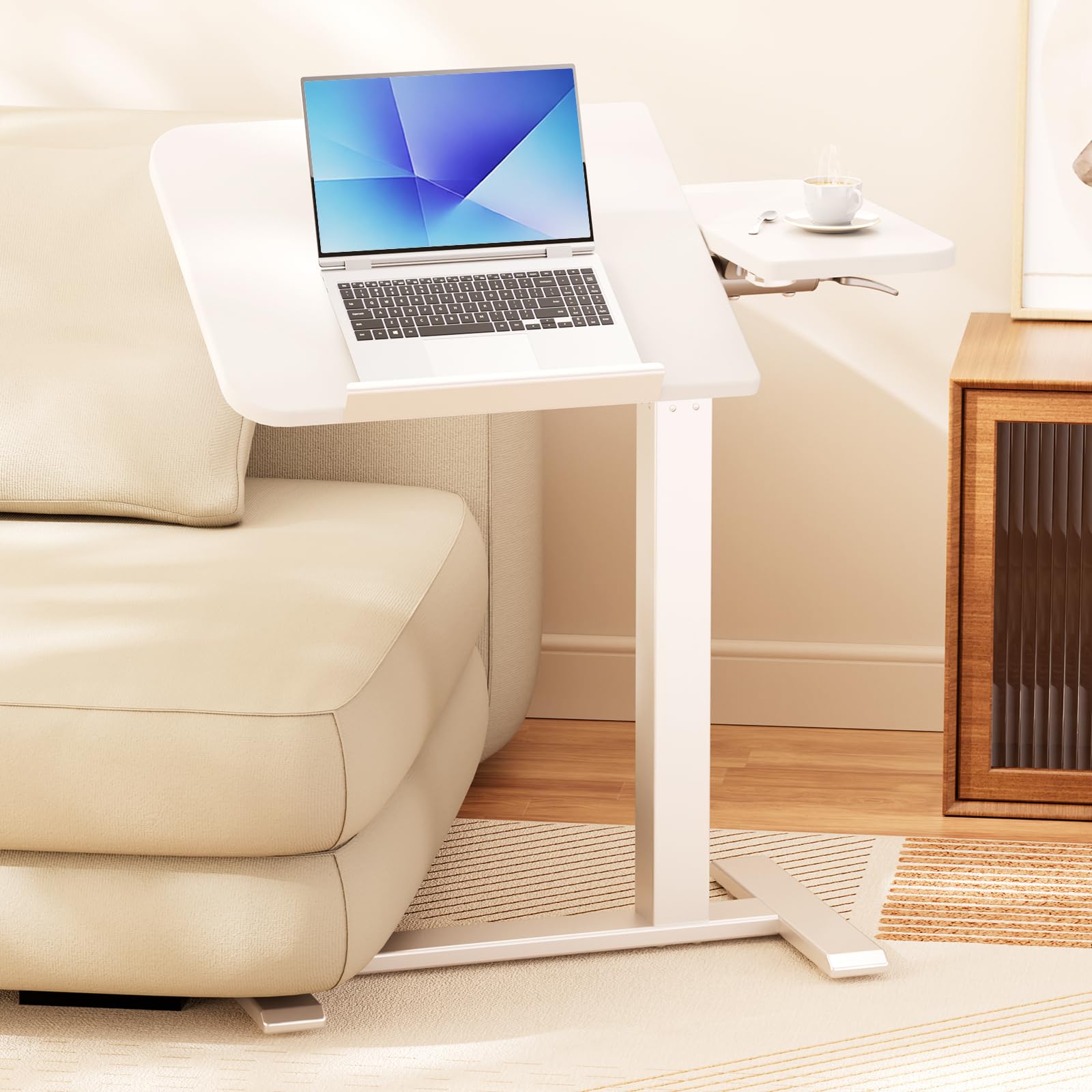 COMHOMA Tiltable Mobile Small Standing Desk, Pneumatic Adjustable Height Overbed Bedside Table with Wheels, Sit Stand Portable Rolling Laptop Desk