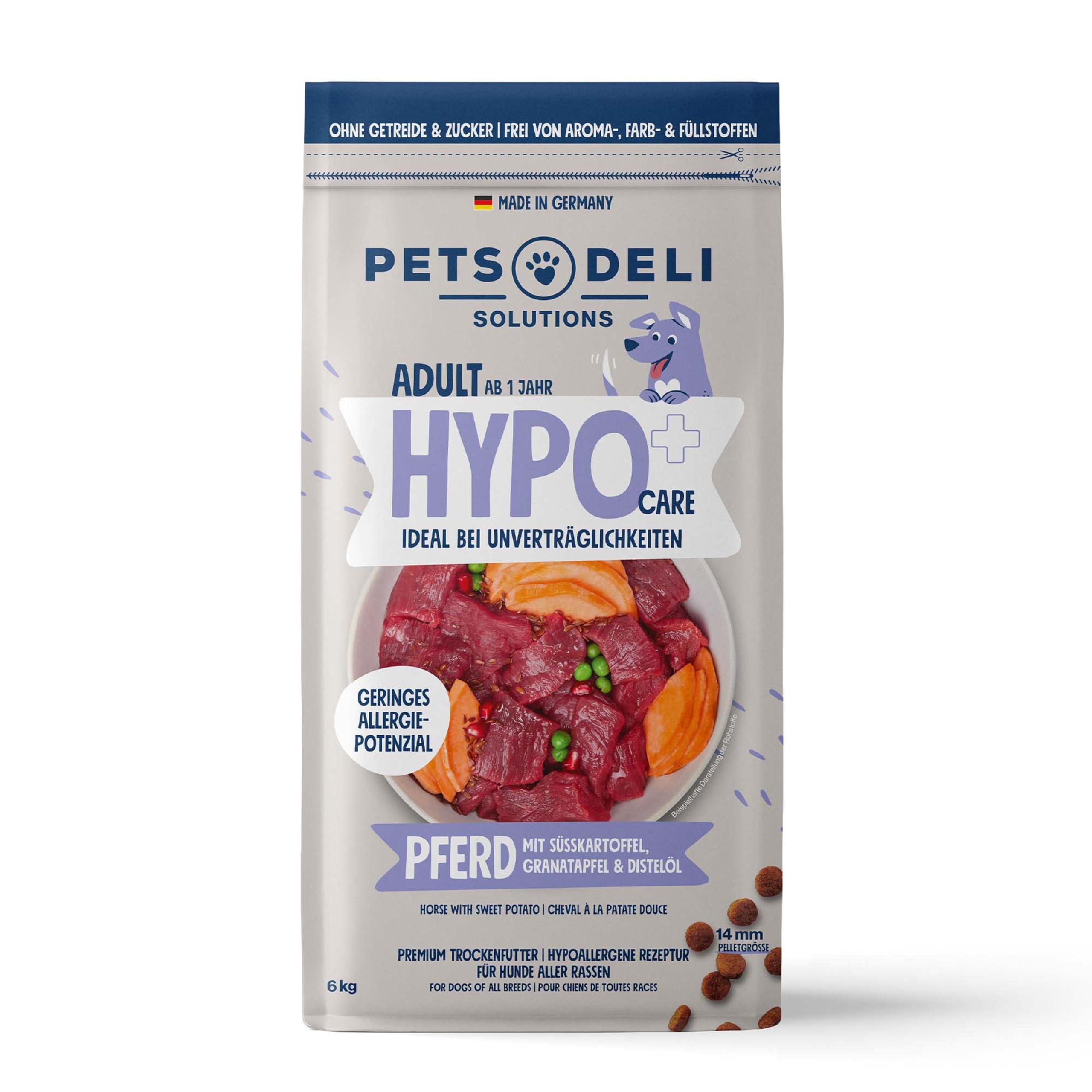 Pets Deli Hypocare Hunde Trockenfutter Pferd & Süßkartoffel, hypoallergen, monoprotein, ideal bei Unverträglichkeiten & Allergien, getreidefrei, ohne Zucker, 6kg, Premium Qualität