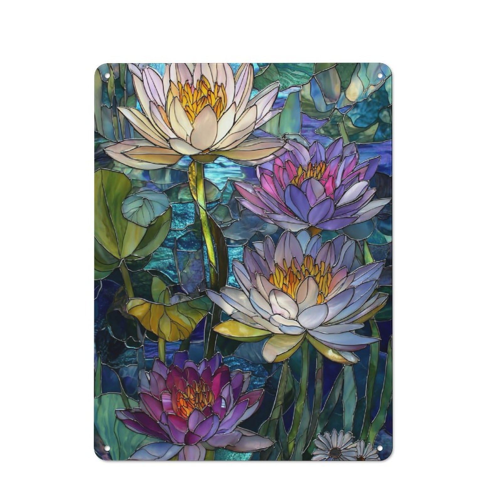 Junmoney Stained Glass Lotus Art-1 Metal Plaque 40X30cm With For Hallway Wall, Retro Decor, For Wall Display Collectors