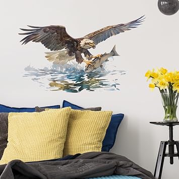 Eagle Wall Decals Removable Raptor Catching A Fish Vinyl Stickers for Nursery Living Room and Kids Playroom Watercolor Bird Decor Peel and Stick Wall Art
