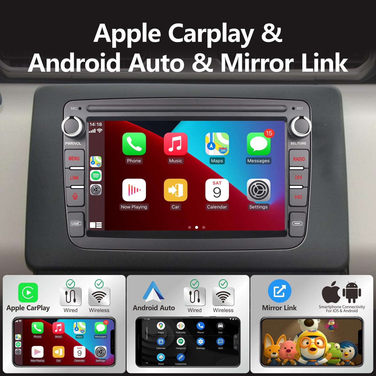YZKONG Autoradio per Renault Dacia Duster Sandero Logan Dokker Capture con wireless CarPlay Android Auto 7-Zoll Touchscreen multimédia Player Radio Bluetooth/RDS/FM/AM/Mirror Link