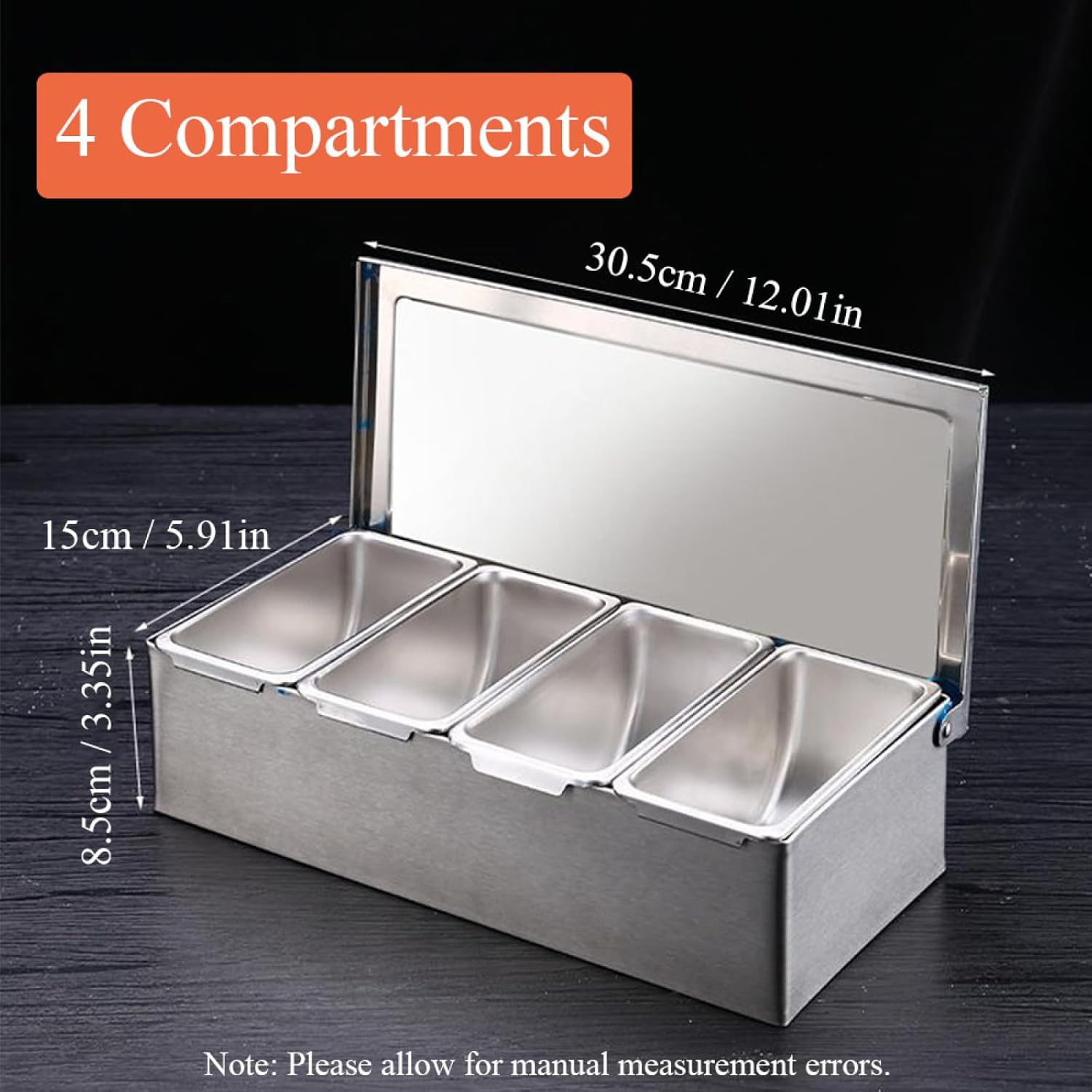 Stainless Steel Condiment Dispenser with Lid Design Compartmentalized Condiment Container for Home Kitchen Restaurant, Easy to Clean (4 Compartments)
