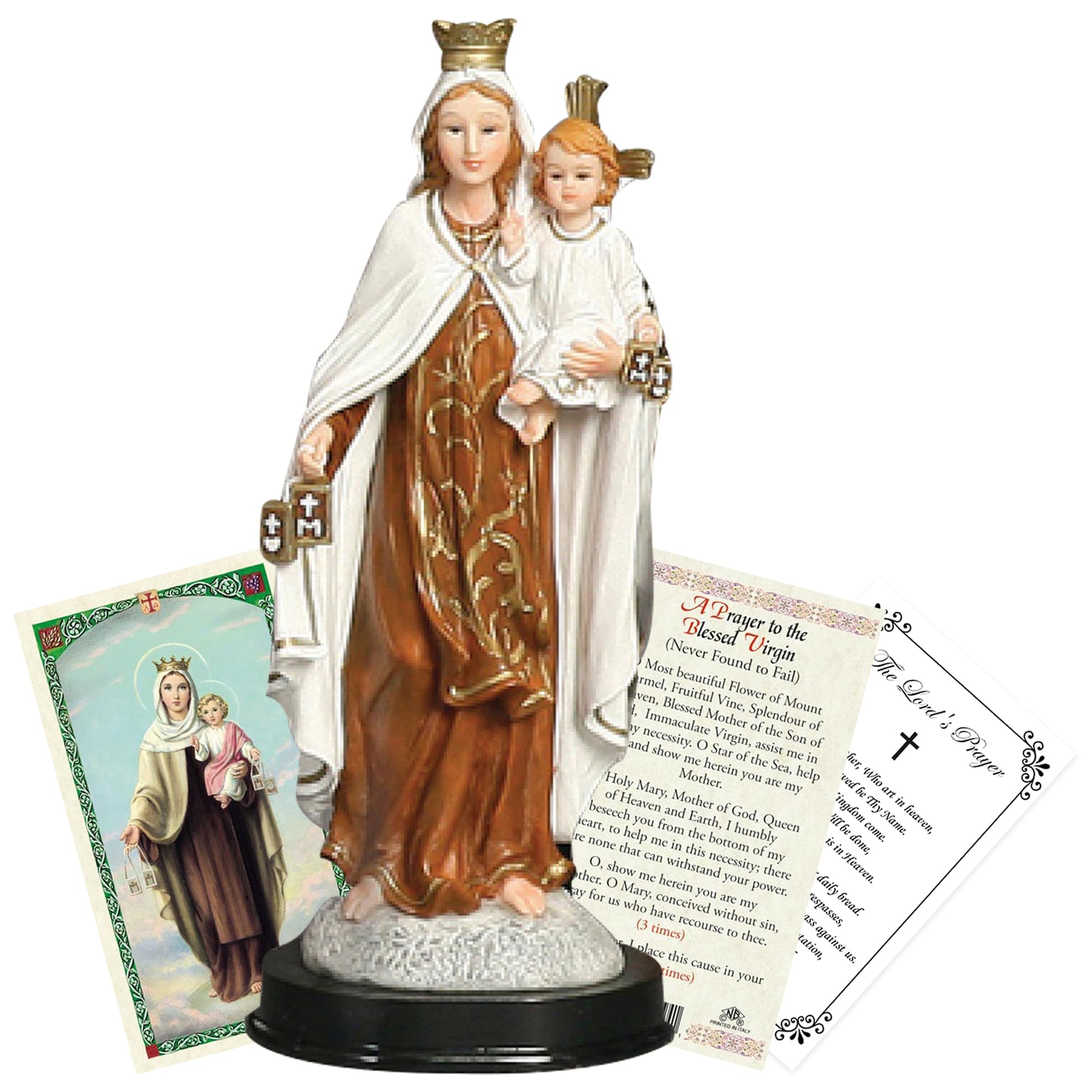 5 Inch Our Lady of Mt Carmel Statue - Our Lady of Mount Carmel Prayer Card, The Lord's Prayer Card - Mother Mary Statue for Home Decor, Altar - Virgen Del Carmen Estatua - 3 Items Set