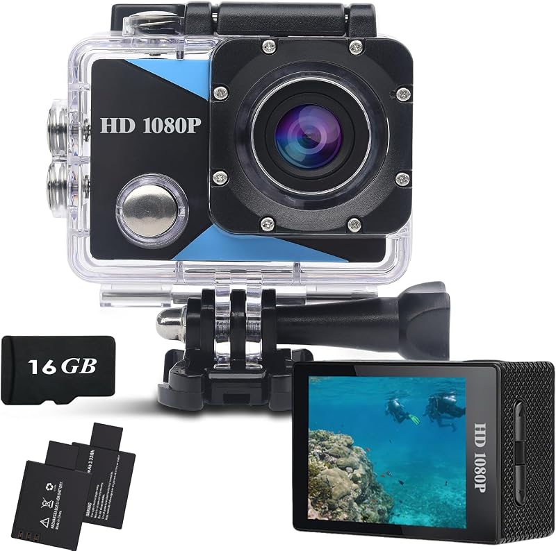 Action Camera 1080P Sports Camera 16GB Memory Card Action Cam 131ft Underwater Waterproof with 2 X Batteries with Accessories Kit Suitable for Helmet, Bicycle, etc.