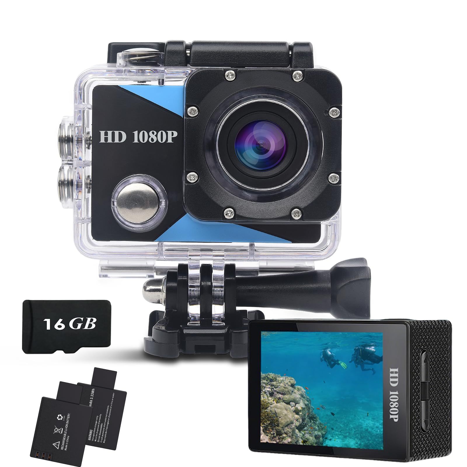 Action Cam1080P mit 16GB Speicherkarte, Unterwasserkamera wasserdicht bis 30M, Actionkamera mit 2×900 mAh wiederaufladbare Akkus und Zubehör-Set