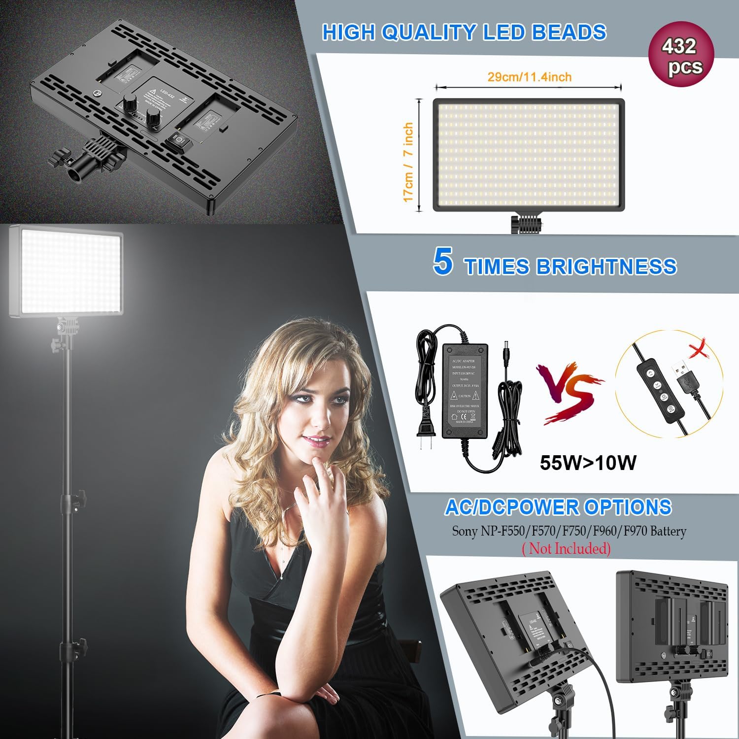 2 Packs Dimmable Bi-Color 432 LED Video Light and Stand Lighting Kit,50W,Add More Remote Controllers, 360 ° Ball Heads, Phone ans Tablet Holders (Black, 13-3)