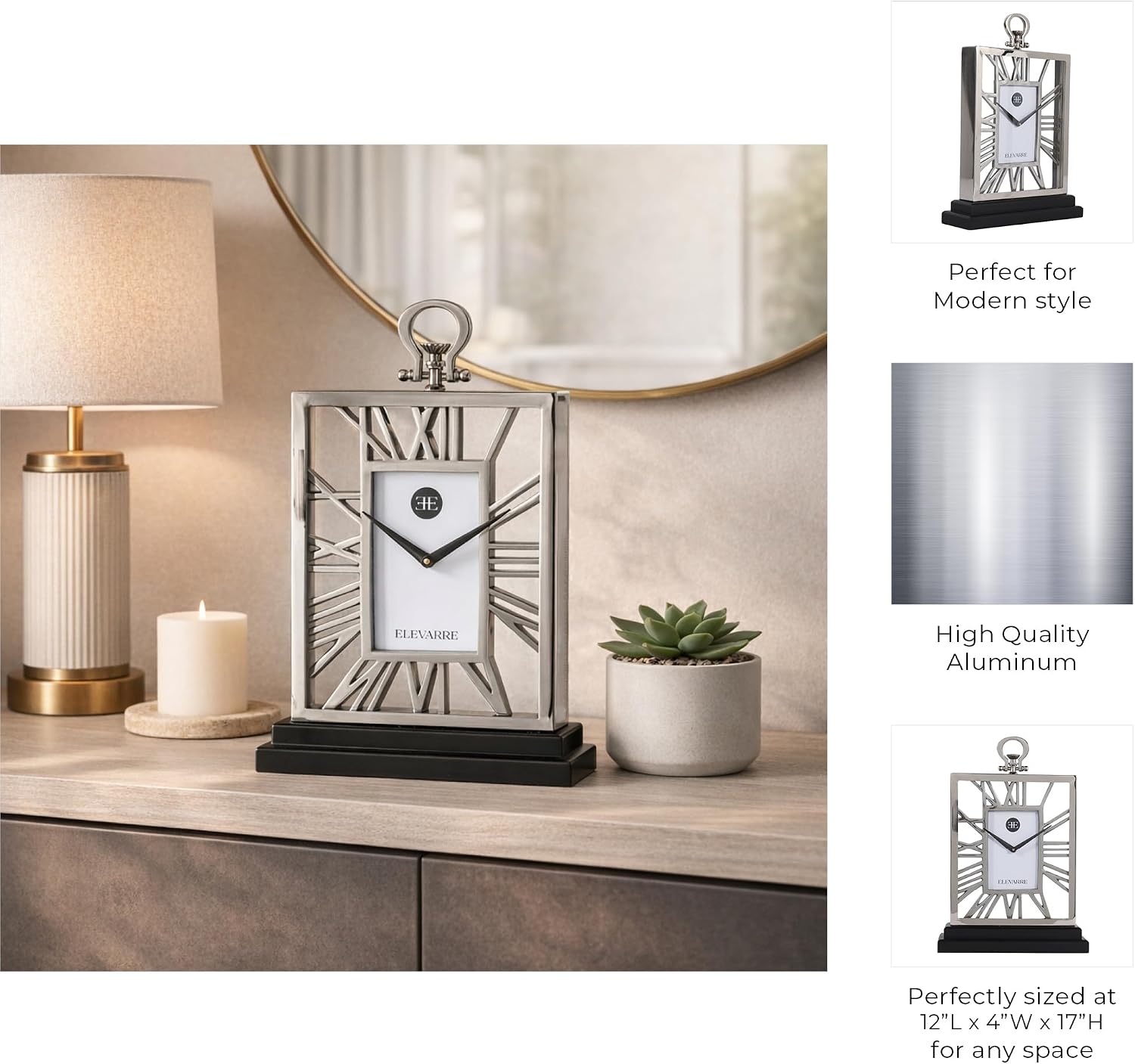 Elegant Rectangle Clock for Home Living Room Decor - Modern Metal and Glass Desk Clock with Roman Numerals for Office, or Mantel Display - Decorative Table Accent for Consoles - 17", Silver & Black