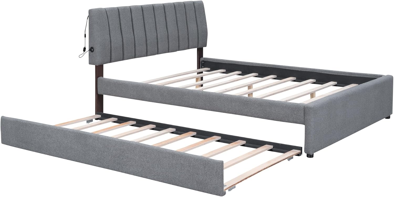 Favfurish Teddy Fleece Queen Size Upholstered Platform Trundle and Smarter LED Bed Frame & The Design of Stripe Headboard for Bedroom,Apartment,Gray