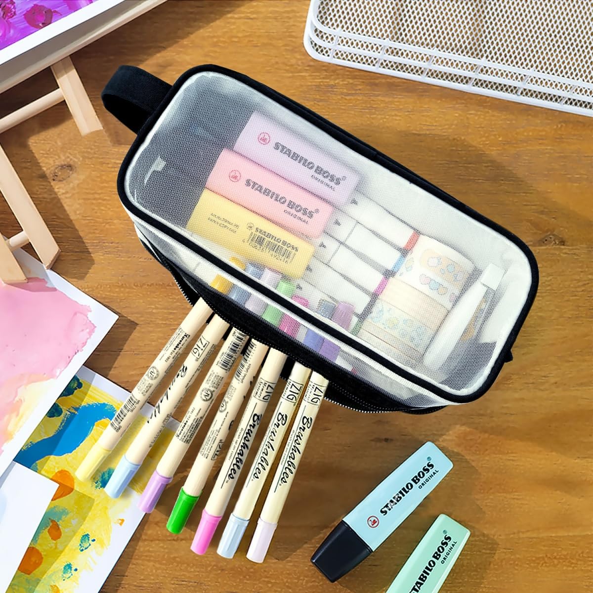 Clear Pencil Case for Exams Large Capacity Transparent Mesh Pencil Case with 2 Compartments Zipper - Image 2