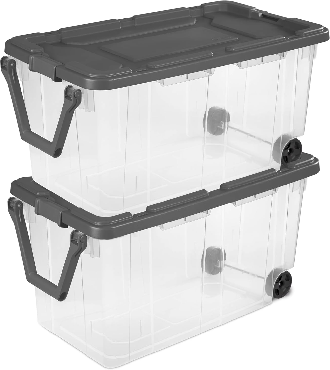 160 Quart Wheeled Stacker, Clear Bin with Latch Lid and Pull Handle, Durable Plastic, Gray, Pack of 2