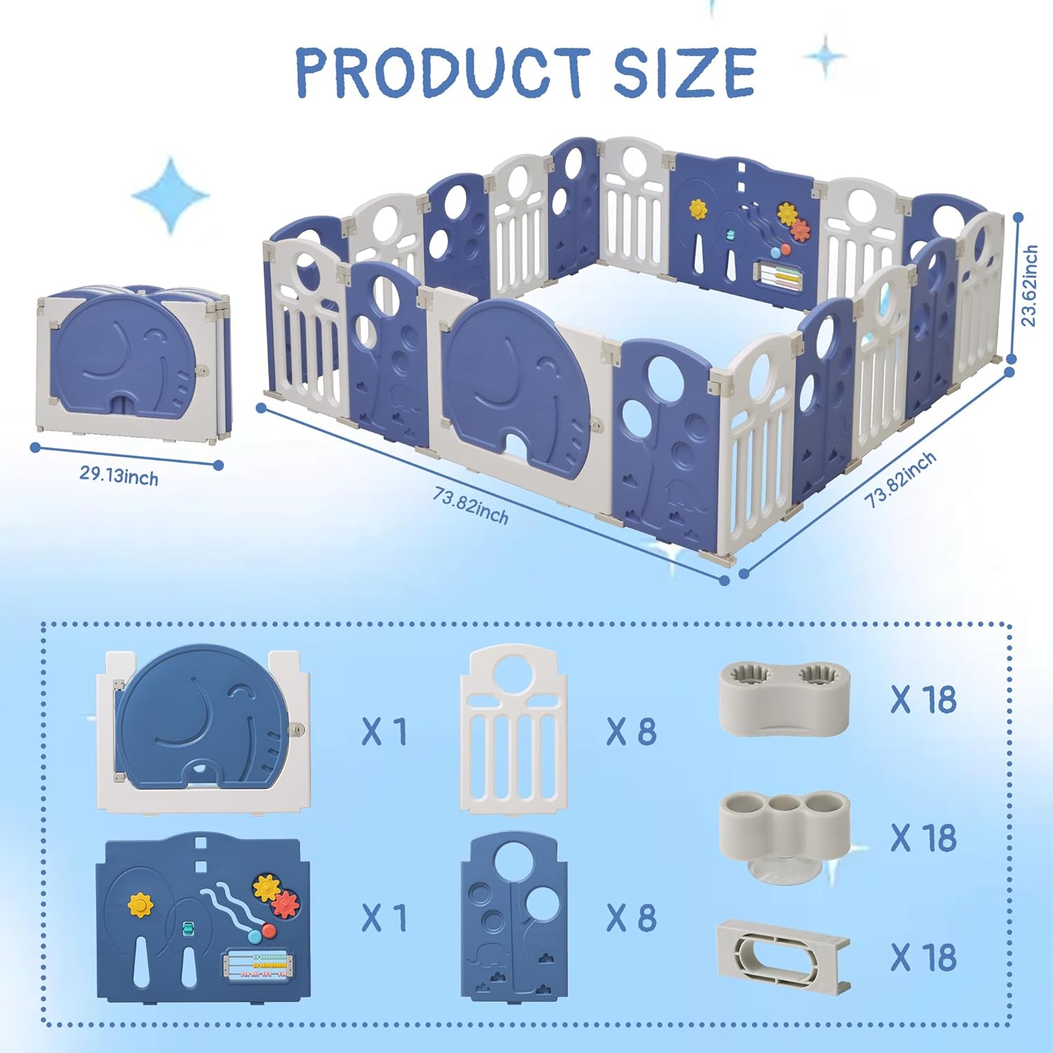Baby Playpen, 18-Panel Foldable Play Pen for Babies and Toddlers, Indoor Outdoor Baby Fence with Sensory Play Panel, Adjustable Shape Activity Play Center, Portable & Easy Assemble