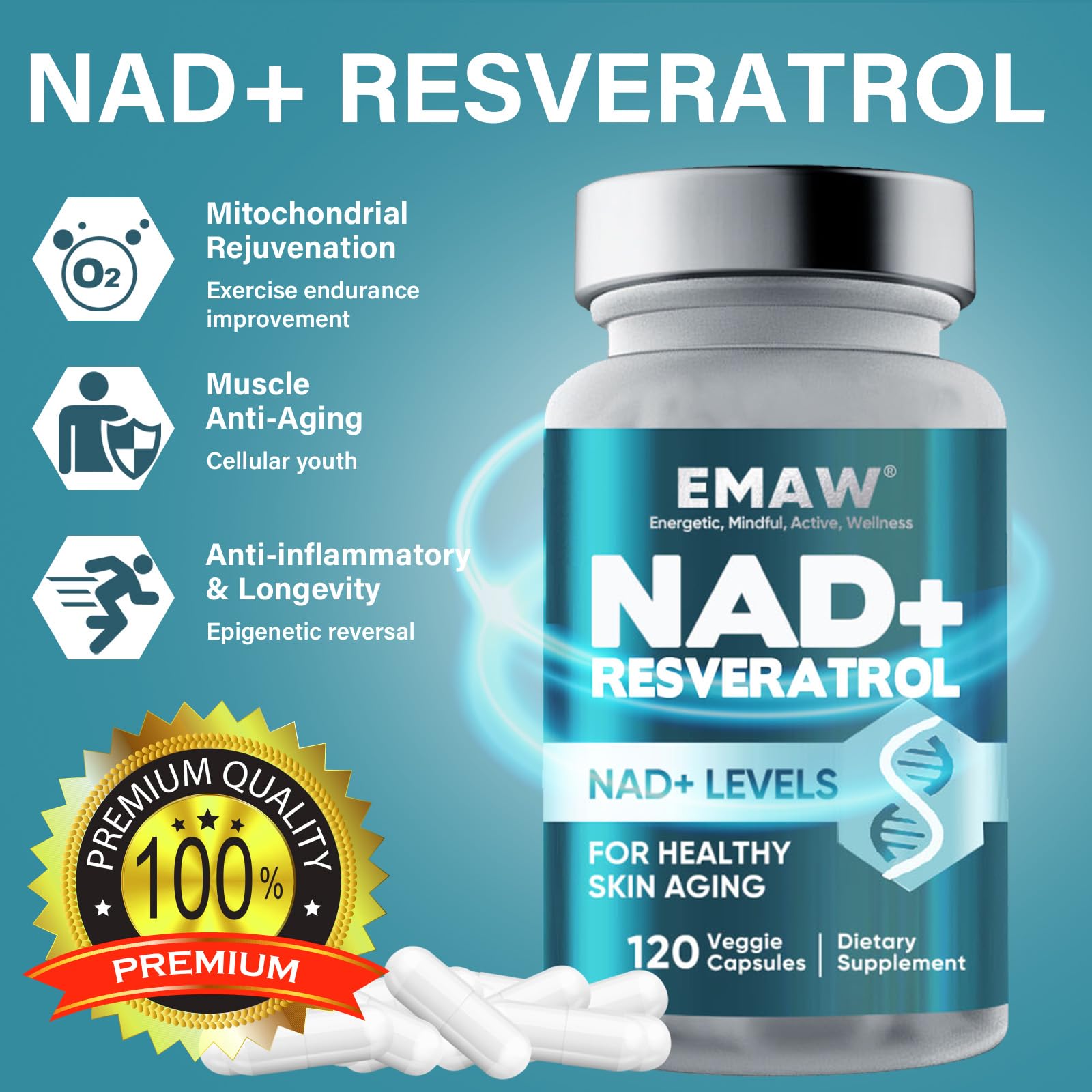 Nad+ 500mg & Resveratrolo Puro, Integratore per Energia Cellulare, Antiossidante Naturale, Anti-Invecchiamento, 120 Capsule Vegetali